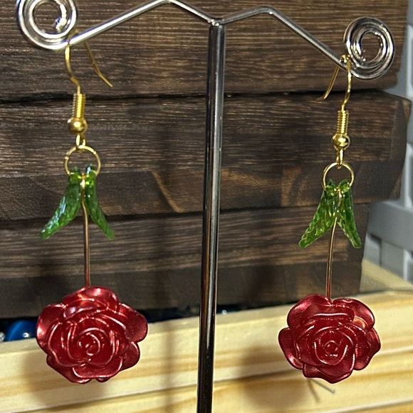 3/$25 Red Rose Earrings with Green Leaves - Picture 4 of 4